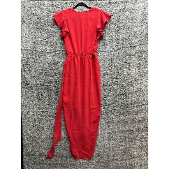 Amanda Uprichard Martinique Dress Red Midi Tulip V Neck Ruffle Sleeve NWT Small - Picture 2 of 9